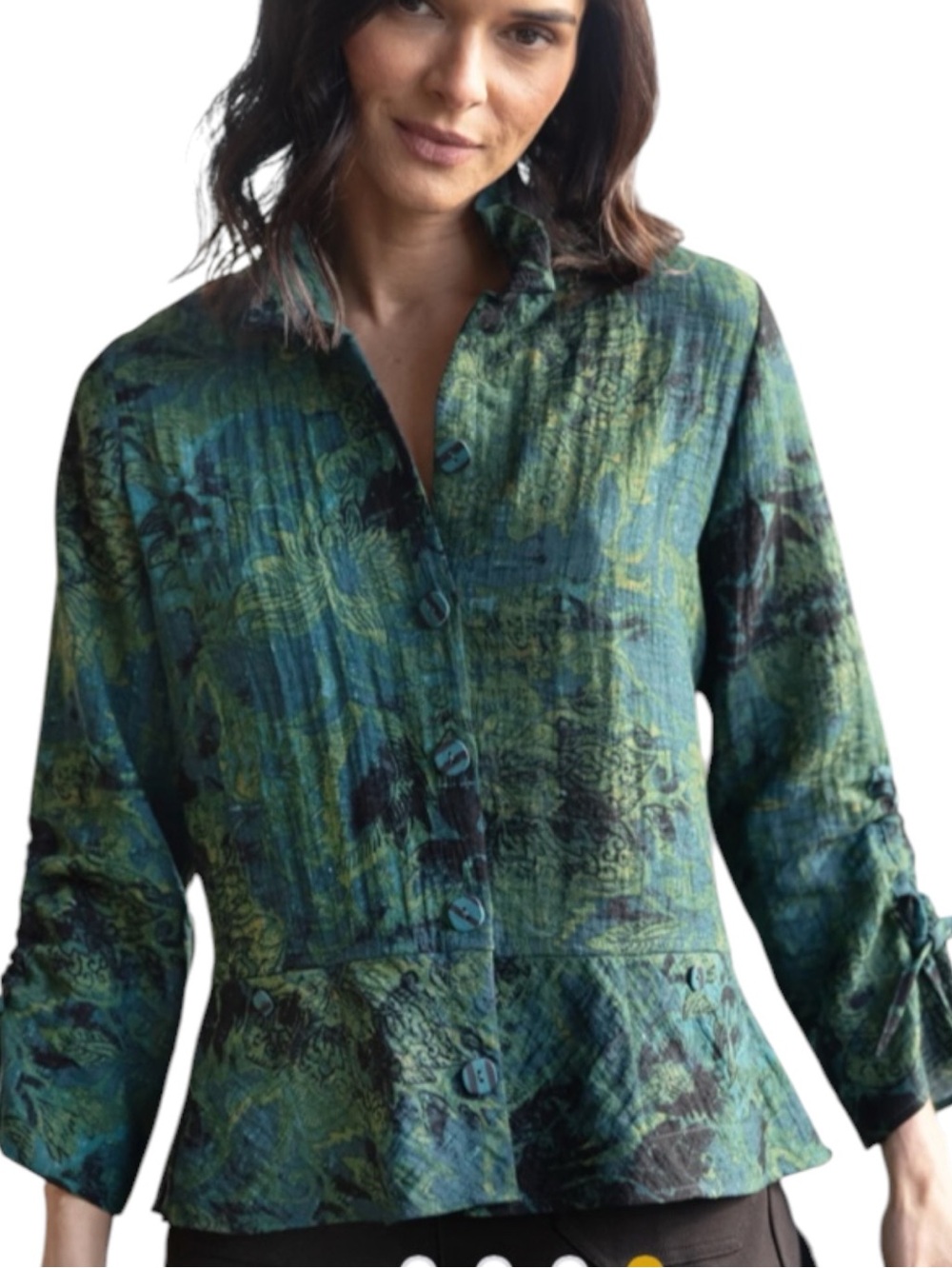 Habitat Express Travel Jacobian Green Floral Blouse with Ruffle and Ruching XL